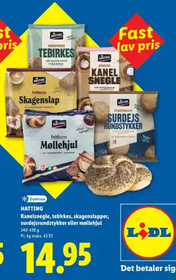 Lidl Hattting kanel snegle, tebirkes, skagenslapper, surdejs rundstykker eller møllehjul tilbud