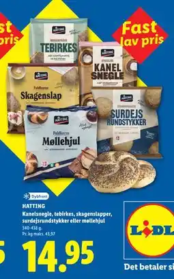 Lidl HATTING Kanelsnegle, tebirkes, skagenslapper, surdejsrundstykker eller møllehjul tilbud