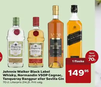 SuperBrugsen Johnnie Walker Black Label Whisky, Normandin VSOP Cognac, Tanqueray Rangpur eller Sevilla Gin tilbud