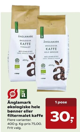 SuperBrugsen Änglamark økologiske hele bønner eller filtermalet kaffe tilbud