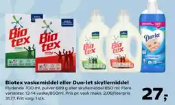 Kvickly Biotex vaskemiddel eller Dun-let skyllemiddel tilbud