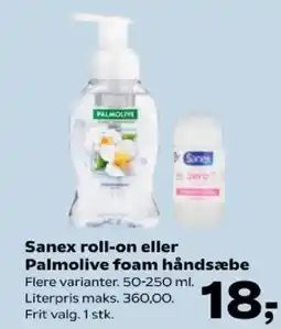 Kvickly Sanex roll-on eller Palmolive foam håndsæbe tilbud