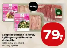 Kvickly Coop stegeflæsk i skiver, kyllingebrystfilet eller -inderfilet tilbud