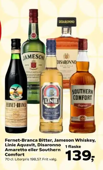 Fernet-Branca Bitter, Jameson Whiskey, Linie Aquavit, Disaronno Amaretto eller Southern Comfort
