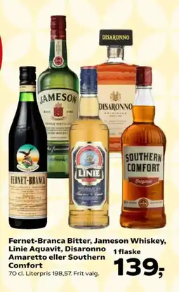 Kvickly Fernet-Branca Bitter, Jameson Whiskey, Linie Aquavit, Disaronno Amaretto eller Southern Comfort tilbud