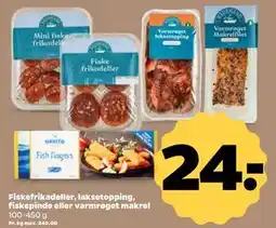 Netto Fiskefrikadeller, laksetopping, fiskepinde eller varmrøget makrel tilbud