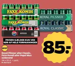 Netto Royal Pilsner eller Classic, Faxe Kondi eller Pepsi Max sodavand tilbud
