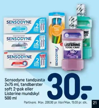 REMA 1000 Sensodyne tandpasta tandbørster eller Listerine mundskyl tilbud