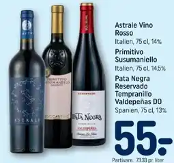 REMA 1000 Astrale Vino Rosso Primitivo Susumaniello Pata Negra Reservado tilbud