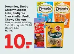 SPAR Dreamies, Sheba Creamy Snacks Laks, Pedigree Snacks eller Frolic Chewy Chomps tilbud