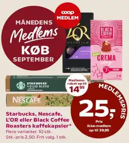 Coop 365 Starbucks, Nescafe, L'OR eller Black Coffee Roasters kaffekapsler tilbud