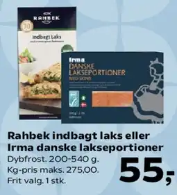 SuperBrugsen Rahbek indbagt laks eller Irma danske lakseportioner tilbud