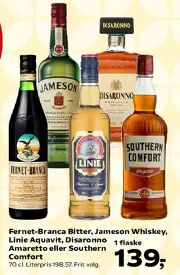 SuperBrugsen Fernet-Branca Bitter, Jameson Whiskey, Linie Aquavit, Disaronno Amaretto eller Southern Comfort tilbud