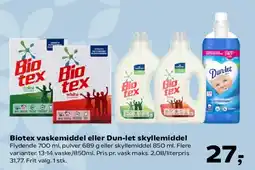 Kvickly Biotex vaskemiddel eller Dun-let skyllemiddel tilbud