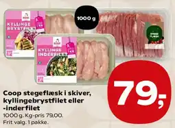 Kvickly Coop stegeflæsk i skiver, kyllingebrystfilet eller -inderfilet tilbud
