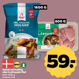 Netto Dansk hel kylling eller kyllingelårfilet 800-1600 g tilbud