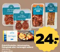 Netto Fiskefrikadeller, laksetopping, fiskepinde eller varmrøget makrel tilbud