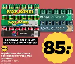 Netto Royal Pilsner / Royal Classic, Faxe Kondi eller Pepsi Max tilbud