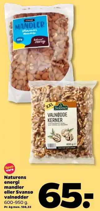 Netto Naturens Energi Mandler Eller Svansø Valnødder 600-950 g tilbud