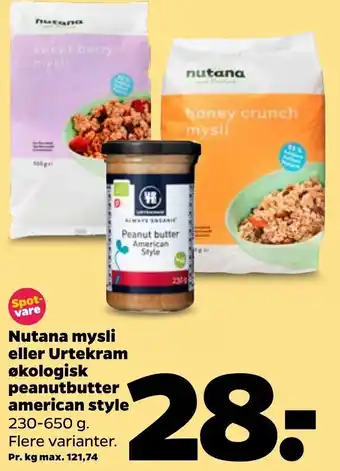 Nutana Mysli Eller Urtekram Økologisk Peanutbutter American Style 230-650 g
