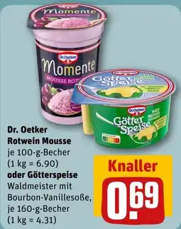 REWE DE Dr. Oetker Rotwein Mousse oder Götterspeise Waldmeister mit Bourbon-Vanillesoße tilbud