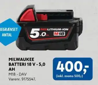 Milwaukee batteri 18 v - 5,0 ah m18 - dav