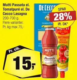 Calle Mutti Passata el. Tomatpuré el. De Cecco Lasagna tilbud