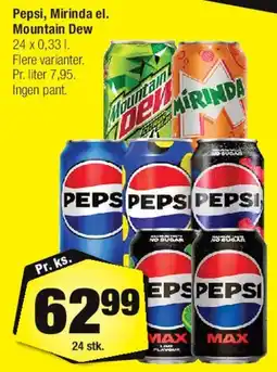 Calle Pepsi, Mirinda eller Mountain Dew (24 x 0,33 l) tilbud