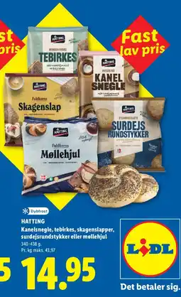 Lidl Hattting Kanel snegle, tebirkes, skagenslapper, surdejs rundstykker eller møllehjul tilbud