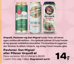 Kvickly Paulaner San Miguel eller Pilsner Urquell øl tilbud