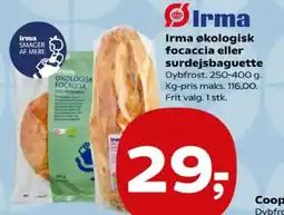 Kvickly Irma økologisk focaccia eller surdejsbaguette tilbud
