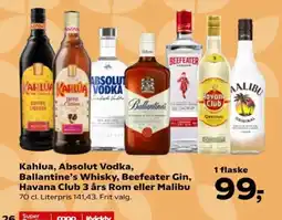 SuperBrugsen Kahlua, Absolut Vodka, Ballantine's Whisky, Beefeater Gin, Havana Club 3 års Rom eller Malibu tilbud