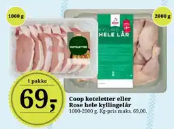 Dagli'Brugsen Coop koteletter eller Rose hele kyllingelår tilbud