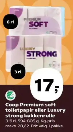 Kvickly Coop Premium soft toilet papir eller Luxury strong køkken rulle tilbud
