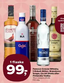 Kvickly Famous Grouse Whisky, 1-Enkelt Bitter, Brøndums Snaps, Ga-Jol Shots eller Finlandia Vodka tilbud