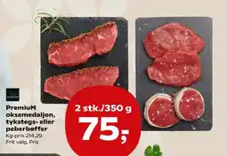 SuperBrugsen Premium oksemedaljon, tykstegs- eller peberbøffer tilbud
