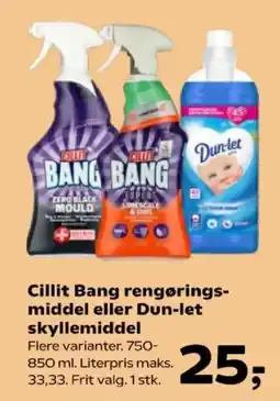 Kvickly Cillit Bang rengøringsmiddel eller Dun-let skyllemiddel tilbud