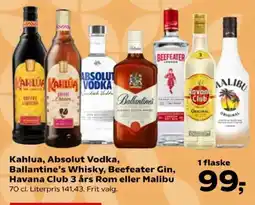 Kvickly Kahlua, Absolut Vodka, Ballantine's Whisky, Beefeater Gin, Havana Club 3 års Rom eller Malibu tilbud