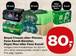 SuperBrugsen Royal Classic eller Pilsner, Faxe Kondi Booster, Pepsi Max eller Faxe Kondi tilbud