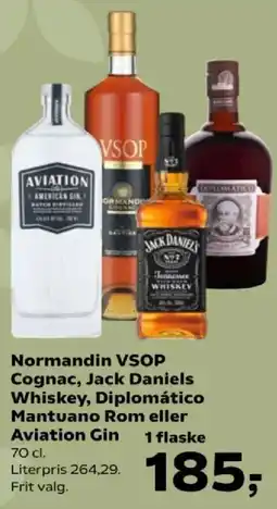 SuperBrugsen Normandin VSOP Cognac, Jack Daniels Whiskey, Diplomático Mantuano Rom eller Aviation Gin tilbud