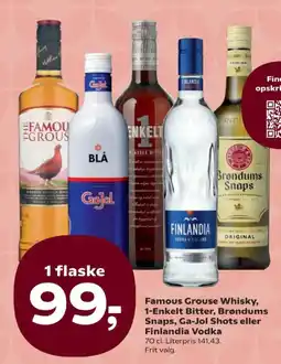 SuperBrugsen Famous Grouse Whisky, 1-Enkelt Bitter, Brøndums Snaps, Ga-Jol Shots eller Finlandia Vodka tilbud