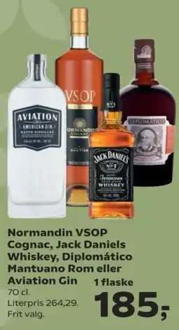 Kvickly Normandin VSOP Cognac, Jack Daniels Whiskey, Diplomático Mantuano Rom eller Aviation Gin tilbud
