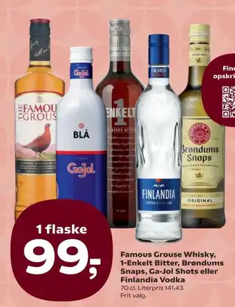 Famous Grouse Whisky, 1-Enkelt Bitter, Brøndums Snaps, Ga-Jol Shots eller Finlandia Vodka