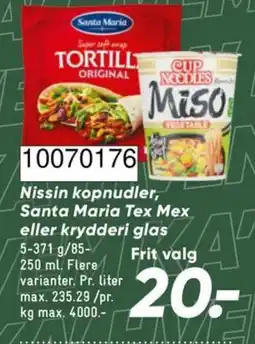 Bilka Nissin kopnudler, Santa Maria Tex Mex eller krydderi glas tilbud