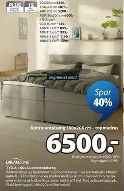 JYSK TYSLA + KOLA kontinentalseng tilbud