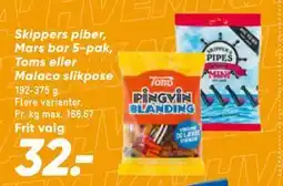 Bilka Skippers piber, Mars bar 5-pak, Toms eller Malaco slikpose tilbud