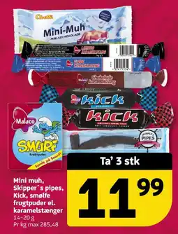 Løvbjerg Mini muh, Skipper's pipes, Kick, smølfe frugtpuder el. karamelstænger tilbud