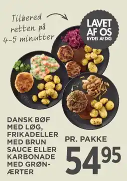 MENY Bøf med løg, frikadeller med brun sauce eller karbonade med grønærter tilbud
