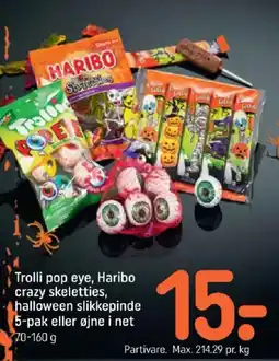 REMA 1000 Trolli pop eye, Haribo crazy skeletties, halloween slikkepinde tilbud