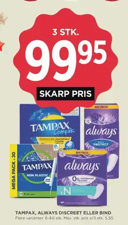 MENY Tampax, Always discreet eller bind tilbud